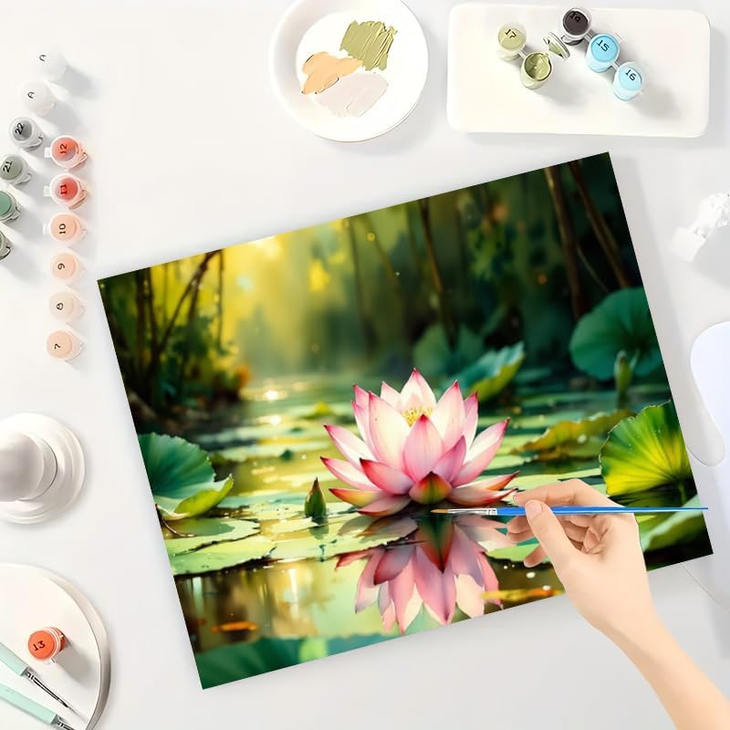 Botanical Paint by Numbers Kit for Adults - DIY Lotus Flower on Pond with Green Leaves Painting on Canvas 16x20 Inches, Acrylic Paint Set, Suitable for Beginners, for Home Decoration or Gifts - Image 3
