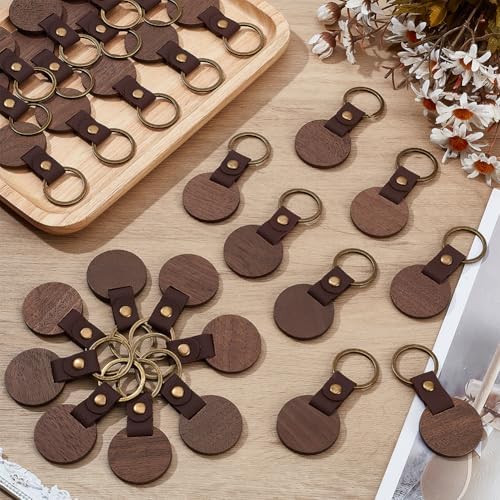60 PCS Leather Wooden Round Keychain Blanks Engraving Blanks Keychain Unfinished Wood Keychains Vintage Black Walnut Wood Keychain Blanks for DIY Gifts Engrave Crafts - Image 5