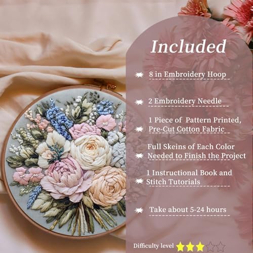 FONNUY Bouquet Flowers Embroidery Kit for Beginners, Pre-Stamped Pattern Kits for Adults with Hoop, Easy to Follow Color Thread Needlework, 8'' Hoop (Heartwarming) - Image 3