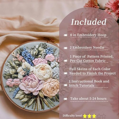 FONNUY Bouquet Flowers Embroidery Kit for Beginners, Pre-Stamped Pattern Kits for Adults with Hoop, Easy to Follow Color Thread Needlework, 8'' Hoop (Heartwarming) - Image 3