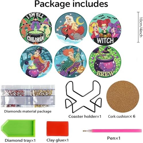 6 Pcs Diamond Paintings Coasters Kits with Holder, DIY Halloween Coaster Diamond Art Kits, Full Drill Rhinestone Painting Kits for Adults, Beginners Art Craft Supplies - Image 4