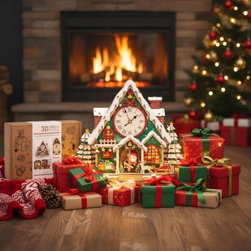 3D Puzzles for Adults, Christmas Snow House Wall Clock 3D Wooden Puzzles Clock Kits for DIY Birthday Gift for Women Men Home Decor Holiday Christmas - Image 2