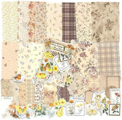 OKUPAN Scrapbook Supplies Kit – 100Pcs Vintage Floral Scrapbook Paper & Junk Journal Stickers, Journaling Supplies for Bullet Journaling, Retro Crafts, Mixed Media, Planner, Collage Card Album(Yellow) by DecorateYourWorld