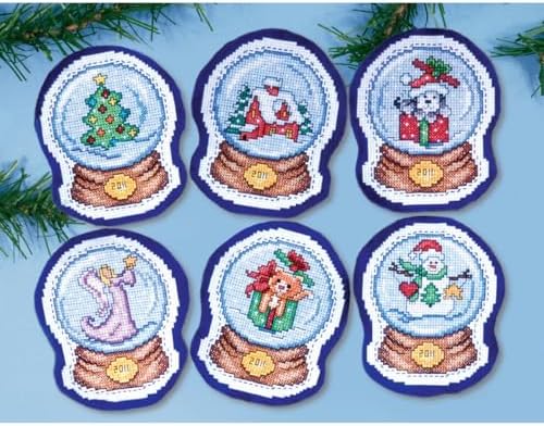 Design Works Crafts Snow Globes Cross Stitch Ornament Kit (Set of 6), 8 1/2" x 11", White,Gold by Design+Works+Crafts