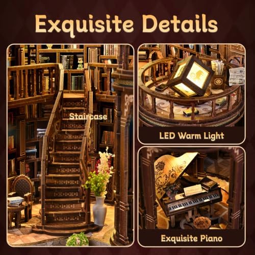 fifijoy DIY Miniature Dollhouse Kit - DIY Miniature House Kit with LED Lights, 3D Wooden Puzzle Library Bookshelf Decor for Adults, Creative Gift for Family, Friends (Dreamy Book Hall) - Image 2