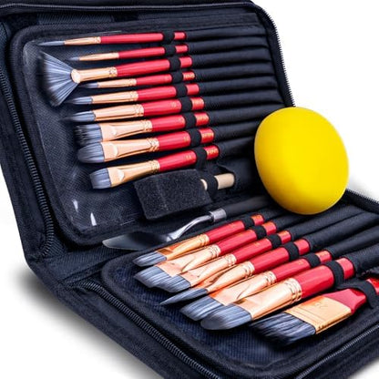 Transon 20Pcs Art Paint Brush Kit with Storage Case, 16 Brushes + Foam Brush Spatula Sponge for Acrylic Oil Watercolor Gouache, Adults Teens Beginners Art Supplies by Transon