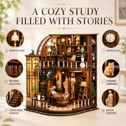 Book Nook Kit-DIY Miniature House for Adult and Teen Beginners, 3D Wooden Library Dollhouse with LED Light, Bookshelf Decor (Basque Study) - Image 2