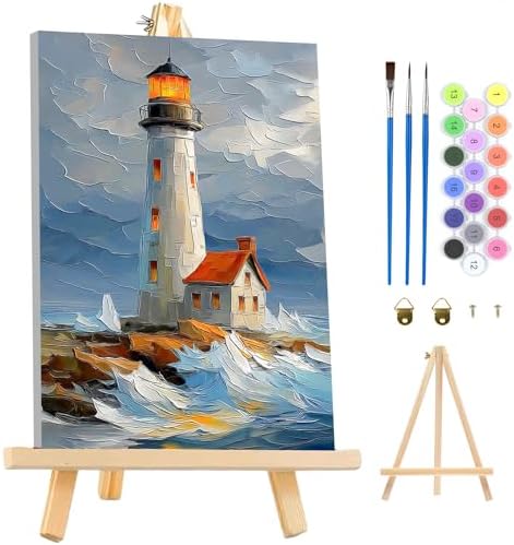 MAXBYE Lighthouse Framed Paint by Numbers Kits for Adults with Wooden Easel, Easy DIY Adult Paint by Number Kits on Canvas, Paintings Kit for Beginners Gift Home Wall Garden Decor 10×14 Inch by MAXBYE
