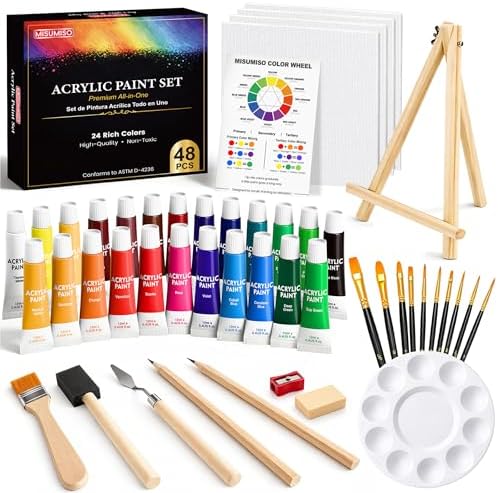 MISUMISO Acrylic Paint Kit for Beginners, 24 Colors Complete Painting Set with 4 Canvas Panels, 10 Brushes, Wooden Easel, Palette & Art Supplies, All-in-One Paint Set for Adults & Teens by Misumiso