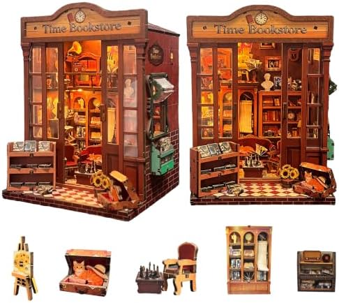 Book Nook Kit – DIY Miniature House 3D Puzzle with LED, Time Bookstore Dollhouse Kit for Adults & Teens, 259-Piece Library Model for Bookshelf Decor, Gifts for Family Friends by Aeneovix