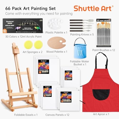 66 Pack Acrylic Paint Set, Shuttle Art Acrylic Painting Set with 30 Colors Acrylic Paint, Wooden Easel, Painting Canvas, Paint Brushes, Palettes, Art Painting Supplies for Kids Adults Beginner Artists - Image 2