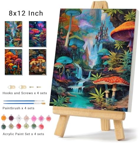 obterie 4 Pack Framed Paint by Numbers Kit for Adults Beginner Canvas Painting by Numbers for Adults Mushroom Easy Adult Paint by Number Kits with Frame Forest Watercolor Painting by Number 8x12 Inch - Image 2