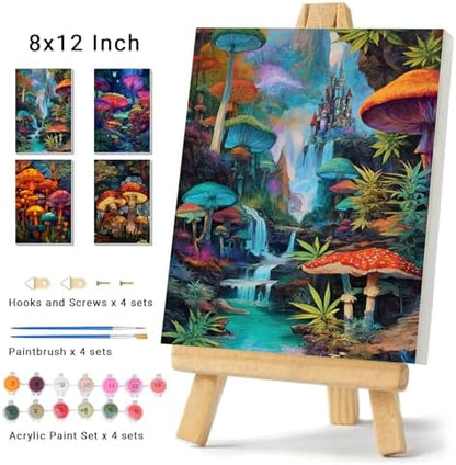 obterie 4 Pack Framed Paint by Numbers Kit for Adults Beginner Canvas Painting by Numbers for Adults Mushroom Easy Adult Paint by Number Kits with Frame Forest Watercolor Painting by Number 8x12 Inch - Image 2