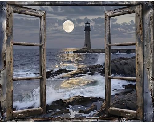 Clendo Paint by Numbers Kit for Adults- Lighthouse Adult Paint by Number Kits on Canvas for Beginners, DIY Beach Scene Acrylic Oil Number Painting Kits for Home Wall Decor 16"x 20" (Without Frame) by Clendo