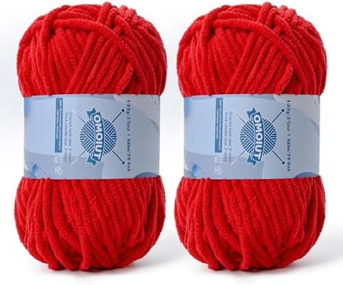 2 Pack Chunky Chenille Yarn for Crocheting, Baby Yarn for Crocheting Soft Blankets, Bulky Yarns for Crochet Amigurumi, 200g (148.7yds) Fluffy Velvet Yarns for Hand Knitting (2 Red) by OMoiut