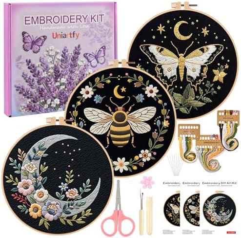 Uniartfy 3 Sets Butterfly Bee Moon Embroidery Kits for Beginners, DIY Cross Stitch Starter Craft Kit for Adults, Needlepoint Kits Including Cloth with Flower Plant Pattern, Hoop, Tools, Instructions by Uniartfy