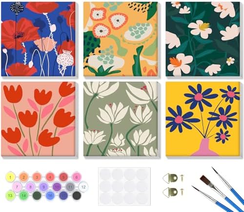 Bowetile 6 Pack Paint by Numbers for Adults Beginners Framed, Flowers Adults' Paint-by-Number Kits, Easy Adult Paint by Number Kits on Canvas, Acrylic Number Painting for Home Decor, 8x8in by BOWETILE