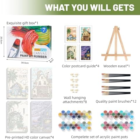 4 Pack Framed Paint by Numbers Kit for Adults Beginner with Wooden Easel, Landscape Easy Paint by Numbers with Frame, DIY Adult Paint by Numbers Kits on Canvas Framed for Home Decor Gift 8x12 Inch - Image 4