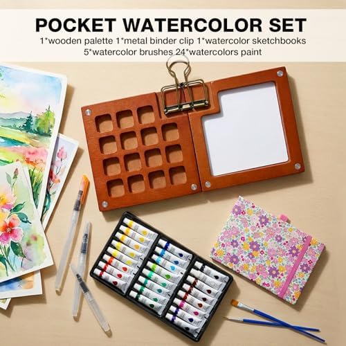 Mini Portable Watercolor Paint Palette Set - 15 Grid Paint Box with Binder Clips Include 24 Colors Watercolor Paint, 5 Brushes & Sketchbook, Travel Drawing Kit for Beginners and Art Enthusiasts - Image 2