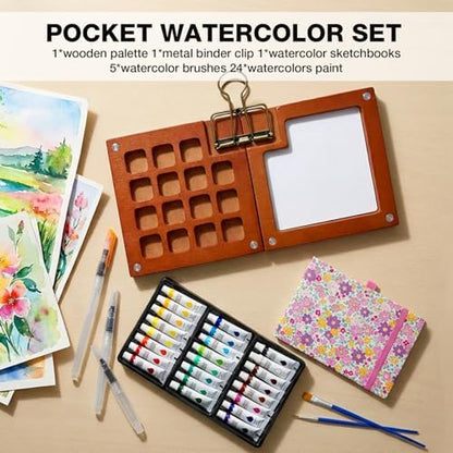 Mini Portable Watercolor Paint Palette Set - 15 Grid Paint Box with Binder Clips Include 24 Colors Watercolor Paint, 5 Brushes & Sketchbook, Travel Drawing Kit for Beginners and Art Enthusiasts - Image 2