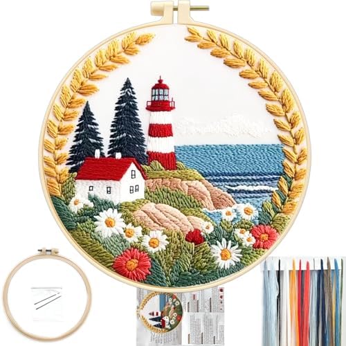 FONNUY Embroidery Kit for Beginners, Lighthouse Landscape Flowers Pre-Stamped Pattern Kits for Adults with Hoop, Easy to Follow Color Thread Needlework, 8'' Hoop (Daisy) by FONNUY