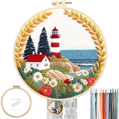 FONNUY Embroidery Kit for Beginners, Lighthouse Landscape Flowers Pre-Stamped Pattern Kits for Adults with Hoop, Easy to Follow Color Thread Needlework, 8'' Hoop (Daisy) by FONNUY