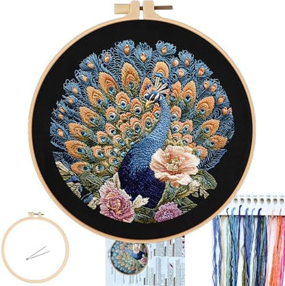 FONNUY Peacock Floral Embroidery Kit, Cross Stitch Kits, Handmade Crafts with Printed Patterns for Beginner Adults, Easy to Follow Color Thread Needlework, 8'' Hoop (Elegance and Royalty) by FONNUY