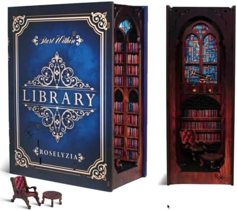 Book Nook Kit – NOOKBOOX by ROSELYZIA – DIY Miniature Dollhouse 3D Wooden Puzzle with LED Light – Bookshelf Decor Gift for Adults & Teens – Navy Blue by ROSELYZIA
