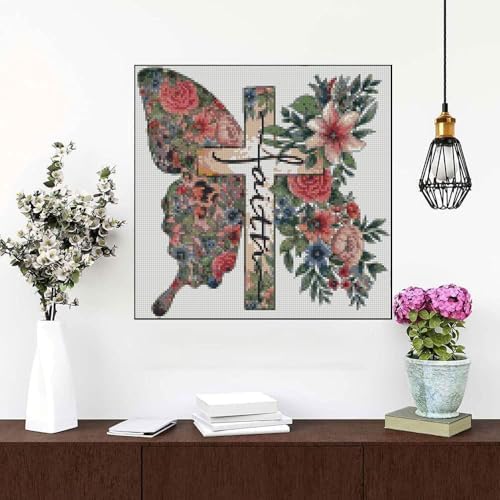 Butterfly Flower Stamped Cross Stitch Kits Cross Stitch Patterns,Religious Cross Dimensions Cross Stitch Kits Embroidery Kit Arts and Crafts for Beginners 13.7x13.7 inch - Image 6