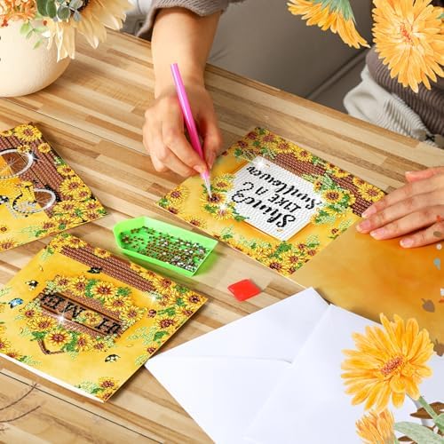 Saillong 12 Pack Sunflower Diamond Painting Greeting Card Kits DIY Diamond Art Cards with Envelopes Summer Flowers Gnome 5D Rhinestones Painting Card for Adults DIY Crafts Family Friend Birthday Gifts - Image 4