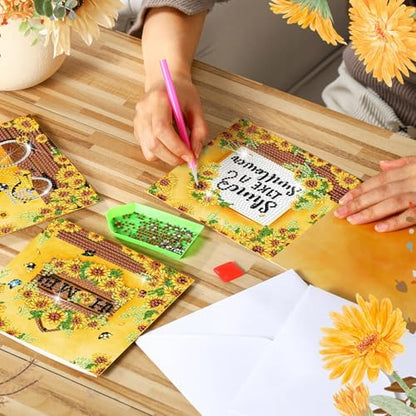 Saillong 12 Pack Sunflower Diamond Painting Greeting Card Kits DIY Diamond Art Cards with Envelopes Summer Flowers Gnome 5D Rhinestones Painting Card for Adults DIY Crafts Family Friend Birthday Gifts - Image 4