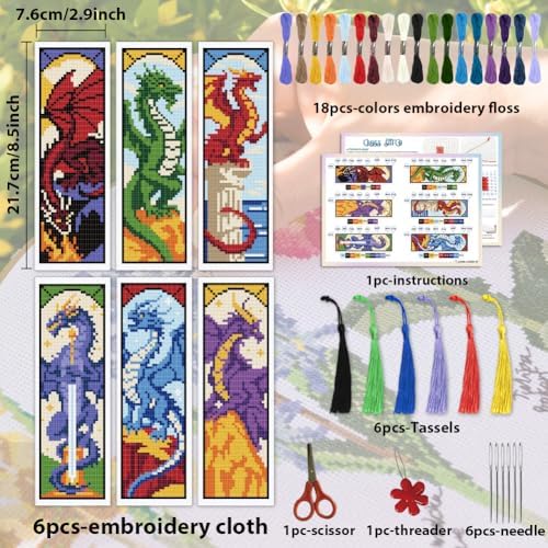 ACRNIGHEET 6PCS Cross Stitch Bookmark Kit for Beginner Dragon Stamped Cross Stitch Kits Needlepoint Kit for Adults DIY Tassel Embroidery Bookmark Kits with Instructions Craft Gift 8.5''x3'' 11CT - Image 2