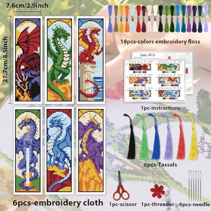 ACRNIGHEET 6PCS Cross Stitch Bookmark Kit for Beginner Dragon Stamped Cross Stitch Kits Needlepoint Kit for Adults DIY Tassel Embroidery Bookmark Kits with Instructions Craft Gift 8.5''x3'' 11CT - Image 2