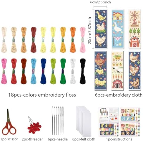 FREEBLOSS 6 Set Cross Stitch Bookmark Kit for Beginner Adults Farm Animal Stamped Embroidery Bookmark Kits Cross Stitch Kits with Instruction Bookmarks Making Kit for Book Lovers 8x2.4in/20x6cm - Image 2