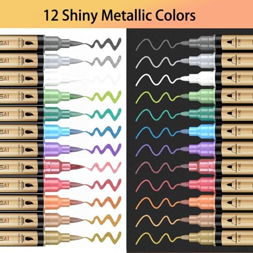 12 Colors Dual Tip Metallic Acrylic Paint Marker pens with Brush & Fine - Image 7