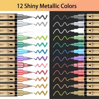 12 Colors Dual Tip Metallic Acrylic Paint Marker pens with Brush & Fine - Image 7