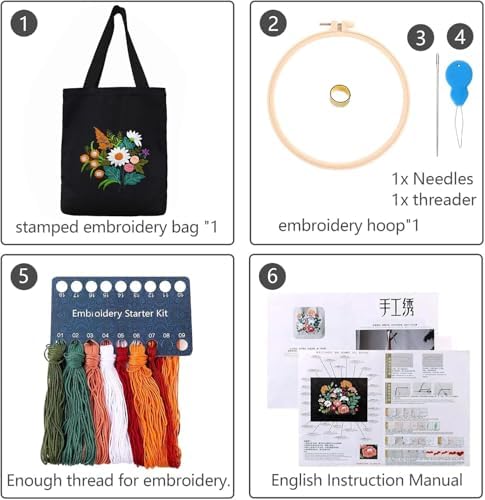 CREAWONDER Canvas Tote Bag Embroidery Kit with Pattern for Beginners, Arts and DIY Embroidery Crafts Kits for Adults, Include Instructions, Thimble, Embroidery Hoops, Color Threads and Tool - Image 4