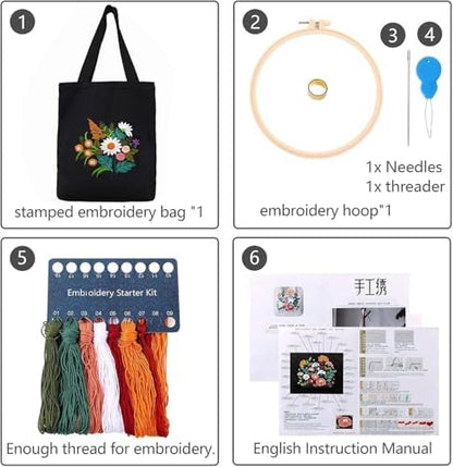 CREAWONDER Canvas Tote Bag Embroidery Kit with Pattern for Beginners, Arts and DIY Embroidery Crafts Kits for Adults, Include Instructions, Thimble, Embroidery Hoops, Color Threads and Tool - Image 4