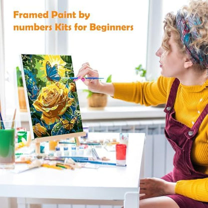 MOGTAA Paint by Numbers Kit for Adults with Frame, Rose Landscape Paint by Number Canvas, Butterfly Paint by Numbers with Easel, DIY Flowers Oil Painting Kit for Home Wall Decor 8 x 12 Inch - Image 4