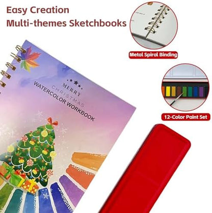 Watercolor Workbooks, Beginner Watercolor Painting Kit – 12 Colors Paint Set with Brush – Perfect for Gifting to Spark Creativity & Joy for Teens & Adults (Christmas) - Image 6