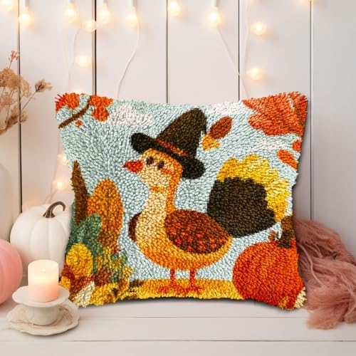 Latch Hook Pillow Kits for Adults Thanksgiving Day Turkey and Pumpkin DIY Pillow Cover Printed Pillowcase Crochet Hooking Yarns Handmade Cushion for Home Sofa Decoration 17x17inch(1) - Image 5