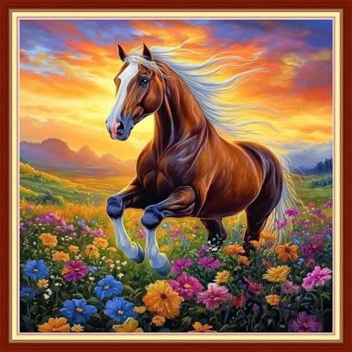 Redxing Stamped Cross Stitch Kits Embroidery kit for Beginners Adults Full Range of Embroidery Patterns Starter Kits DIY Printed Cross Stitch Kits Needlepoint Kits 11CT-Flowers and Horses 18x18 inchs by RedxingStampedCrossStitchK