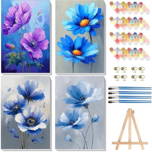 4 Pack Flower Paint by Numbers for Adults with Framed Canvas - Wooden Easel by xackcme