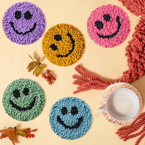 FoszaSzept Smile Punch Needle Coaster Kit, 22Pcs Embroidery Needle Coasters Crafts for Beginners, Easy DIY Mug Tufted Making Set with 6 Patterns Hoop Self Adhesive Felt Cloth Threading Device Gifts - Image 4