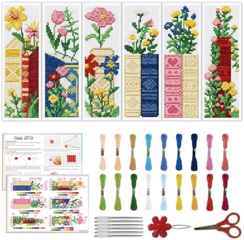 ACRNIGHEET 6PCS Stamped Cross Stitch Bookmark Kit for Beginners Flower 11CT by ACRNIGHEET