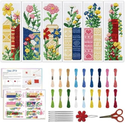 ACRNIGHEET 6PCS Stamped Cross Stitch Bookmark Kit for Beginners Flower 11CT by ACRNIGHEET