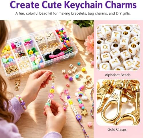ZWODRSC 428 Pcs Acrylic Keychain Making Kit, Assorted Bag Charm Accessories with Star, Flower, Heart and Letter Beads, Bag Charm DIY for Personalized Crafts - Image 3