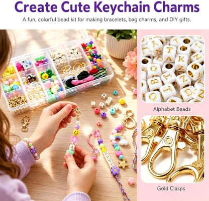 ZWODRSC 428 Pcs Acrylic Keychain Making Kit, Assorted Bag Charm Accessories with Star, Flower, Heart and Letter Beads, Bag Charm DIY for Personalized Crafts - Image 3