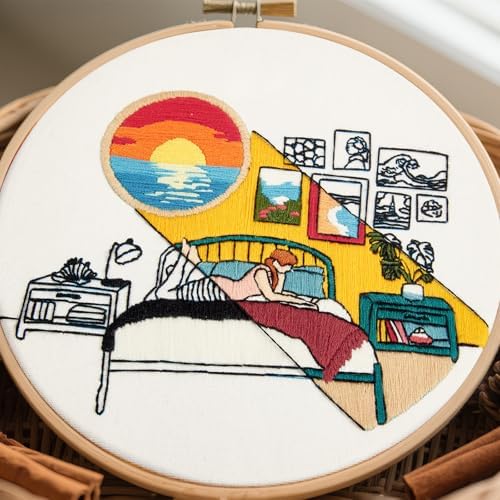 Embroidery Kits for Beginners Adults Sunrise Hand Embroidery Starter Kits, Cross Stitch Kits for Beginners DIY Craft Kits for Adults Women, Entire Set of Embroidery Supplies Full-length Video Tutorial - Image 2