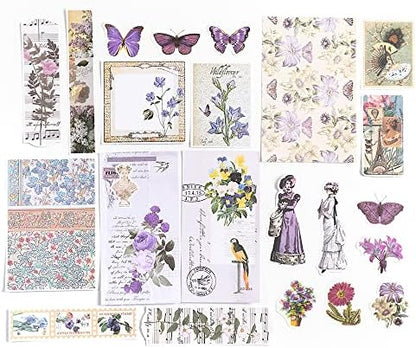 Alideco 200pcs Vintage Scrapbook Stickers Kawaii Purple Floral Scrapbooking Paper Washi Junk Journaling Supplies Collage Album Aesthetic Cottagecore Picture Frames(Butterfly) - Image 4